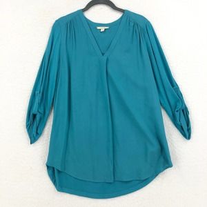 PLEIONE Womens M P Blue Popover Tunic V-Neck 3/4 Roll Tab Sleeve Stretch Blouse